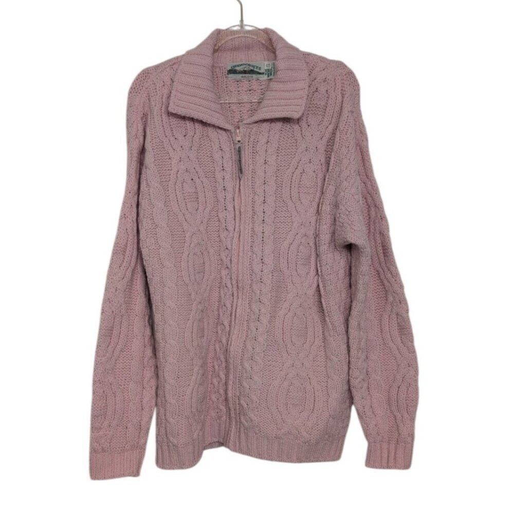 Aran Crafts Irish Knit Cardigan Womens Size Small Pink 100% Merino Wool Full Zip